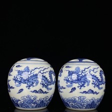 Coppia Teiera cinese porcellana blu e bianca dipinta a mano motivo drago 3399