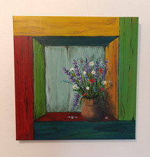 Quadro acrilico su tala dipinto originale Fiori in un vaso 40 x 40 cm