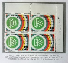Italia 1990 Mondiali quartina d'angolo con simbolo "Ciao" nuova** su foglio GBE