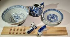 Set Ciotola Piattino Porta Bacchette Orientale Cinese in Porcellana Bianco Blu