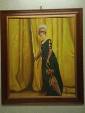 Quadro Dipinto olio Su Tela Dama Nobildonna Cornice in legno Noce Oro 62x72 CM