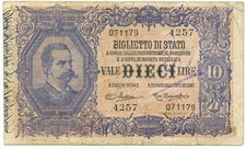 10 LIRE BIGLIETTO DI STATO EFFIGE UMBERTO I 03/06/1925 MB/BB