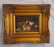 Quadretto Con Dipinto Ad Olio Conigli E Cornice Legno Barrocca Vintage
