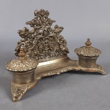 Antico Calamaio Portacarte Metallo Argentato Putti Rilievo Barocco Inizio '900