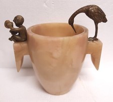 LIBERTY originale vaso marmo rosa statuine putto ed Ibis bronzo/ottone dorato