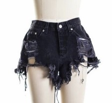 PANTALONCINI SHORTS DENIM JEANS NERI STRAPPATI TAGLI