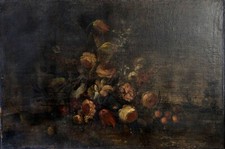 Scuola di fine '600-inizi '700, "Natura morta entro paesaggio", olio su tela. 