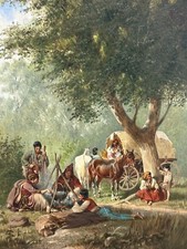 QUADRO OLIO PERSONE CON CARROZZA IN SOSTA FRANZ QUAGLIO (1844-1920)