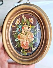 PICCOLO QUADRO DIPINTO MINIATURA CORNICE OVALE OLIO SU RAME VINTAGE VASO FIORI