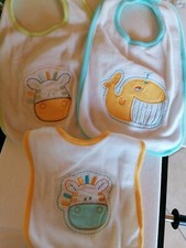 Lotto 3 Bavaglini Neonato In Spugna Di Cotone Con Ricamo E Bordatura Unisex