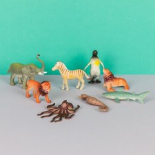 Set 8 animali plastica vintage savana e oceano: elefante leone zebra squalo foca