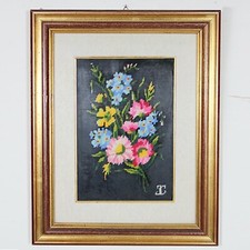 Quadro mezzo punto ricamo vintage ricamato con lana fiori cornice oro dorata