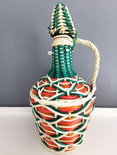 Bouteille carafe en Scoubidou tressé Vintage années 60-70 vert blanc orange rose