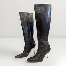 Stivali al ginocchio Manolo Blahnik Bretagna Designer in pelle nera con tacco donna 7