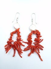 Orecchini Perle E  Vero Corallo di Sardegna Rosso Argento 925 Frange Donna 