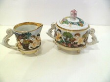 Antique CAPODIMONTE Italian Renaissance 3D Footed Cherubs Sugar & Creamer Set