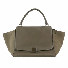 Borsa a mano media Celine Trapezio in pelle goffrata cachi/grigio 11,8 pollici con usata