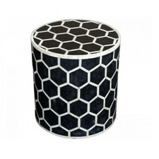 Sgabello rotondo nero fatto a mano | Sgabello laterale intarsiato in osso arredo casa/ufficio