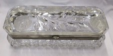 Scatola portaoggetti americana in vetro taglio brillante cornice placcata argento incisione rosa vintage