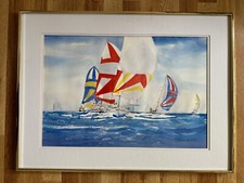 Mafalda de Silva Luce e ariosa vista delle barche a vela Pittura ad acquerello incorniciata / segno