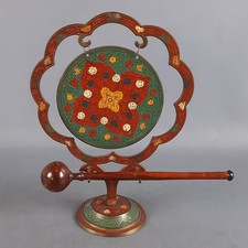 Gong Da Tavolo Etnico In Ottone E Legno Dipinto India Vintage Metà XX Sec.