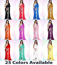 Multi Chiffon Plain Silver Border Party Wear Saree Sari Belly Dance 25 Color TOP