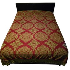 Coperta vintage anni 70 Sears rosso verde damascato floreale jacquard tessuto frangia