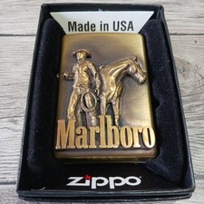 Marlboro Zippo Accendino Cowboy Corda 3D Incisione Metallo Ottone Oro
