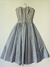 Antique 1950s Sartorial Day Silk Organza Dress Embroidered  Bouquet  Flowers