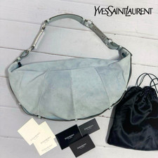 Borsa a tracolla YSL Yves Saint Laurent Rive Gauche Mombasa pelle scamosciata blu chiaro