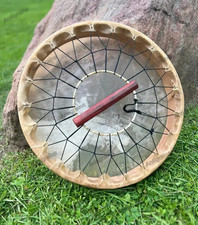 Tamburo sciamanico 16 pollici pelle di mucca con manico in legno strumento curativo artigianale