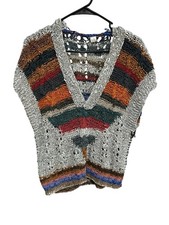 Maglione Disan pelle media lavorato a mano all'uncinetto multicolore a righe scollo a V gilet bohem