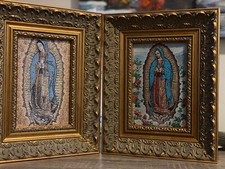 Set 2 icone religiose di Lady Guadalupe Mary puro cotone oro filato cornice legno
