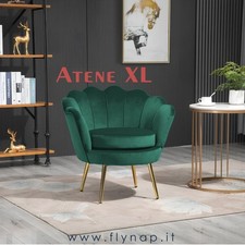 Poltrona Imbottita Con Schienale a Conchiglia Atene XL Velluto Verde e Gambe Oro