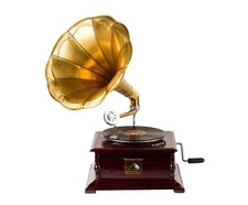 GRAMMOFONO QUADRATO IN LEGNO CON TROMBA IN OTTONE