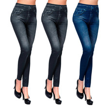 3pz Leggings Donna Effetto Jeans GIADA 2 Neri 1 Blu Jeggings Modellante Slim Fit