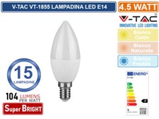 CONFEZIONE 15 PEZZI V-TAC VT-1855 LAMPADINA LED E14 4,5W CANDELA 470 LUMEN 180°