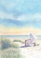 Acquerello originale - sabbia, mare, natura, erba, dune - cestino da spiaggia