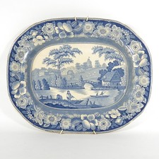 ANTICO PIATTO DA PORTATA IN CERAMICA INGLESE WILD ROSE STAFFORDSHIRE BLU 1800