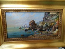CAPRI-VEDUTA MARINA CON  BARCHE E PESCATORI-OLIO SU COMPENSATO-SECONDO '900