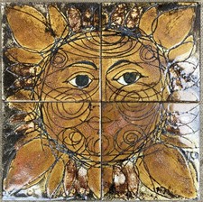 PANNELLO 4 PIASTRELLE CHELSEA POTTERY SUN FACE di JOYCE MORGAN ~ STUDIO LONDON anni 60 70