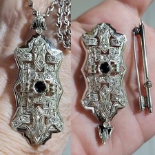 ANTICO PENDENTE CIONDOLO DECO ORO BIANCO 18 ZAFFIRO DIAMANTI +AGO DIVENTA SPILLA