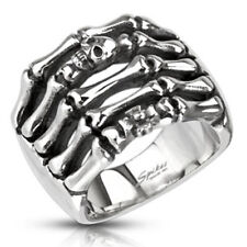 Anello teschio acciaio inox osso scheletro mano osso massiccio biker gotico argento
