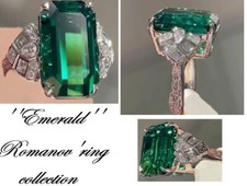 MAESTOSO Anello ROMANOV 20s GRANDE SMERALDO, BRILLANTI, lega ARGENTO/ORO BIANCO!