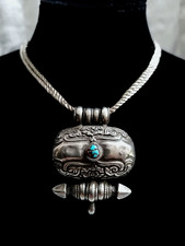 ANTICO AUTENTICO CONTENITORE RELIQUIARIO (GA’U) IN ARGENTO CON TURCHESE, TIBET.