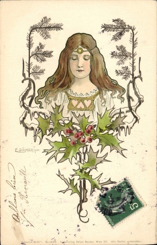 Jeune femme entourée - de, houx