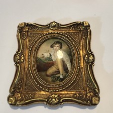 Ragazzo e Coniglio Tono Oro Decorazione Cornice Miniatura 5,5" Vintage