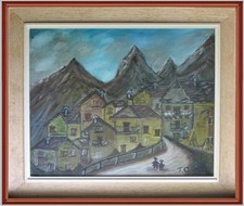 ARTE NAIF paesaggio borgo montagna olio tela del '79 firma Tiziano Gini cornice 