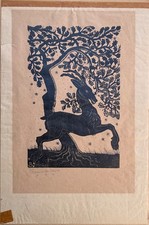 Bruno da Osimo Xilografia con cervo ed albero - firmata -