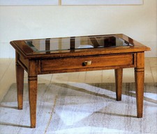 TAVOLINO DA SALOTTO NOCE ITALIANA C/CASSETTO BACHECA PIANO IN VETRO h788